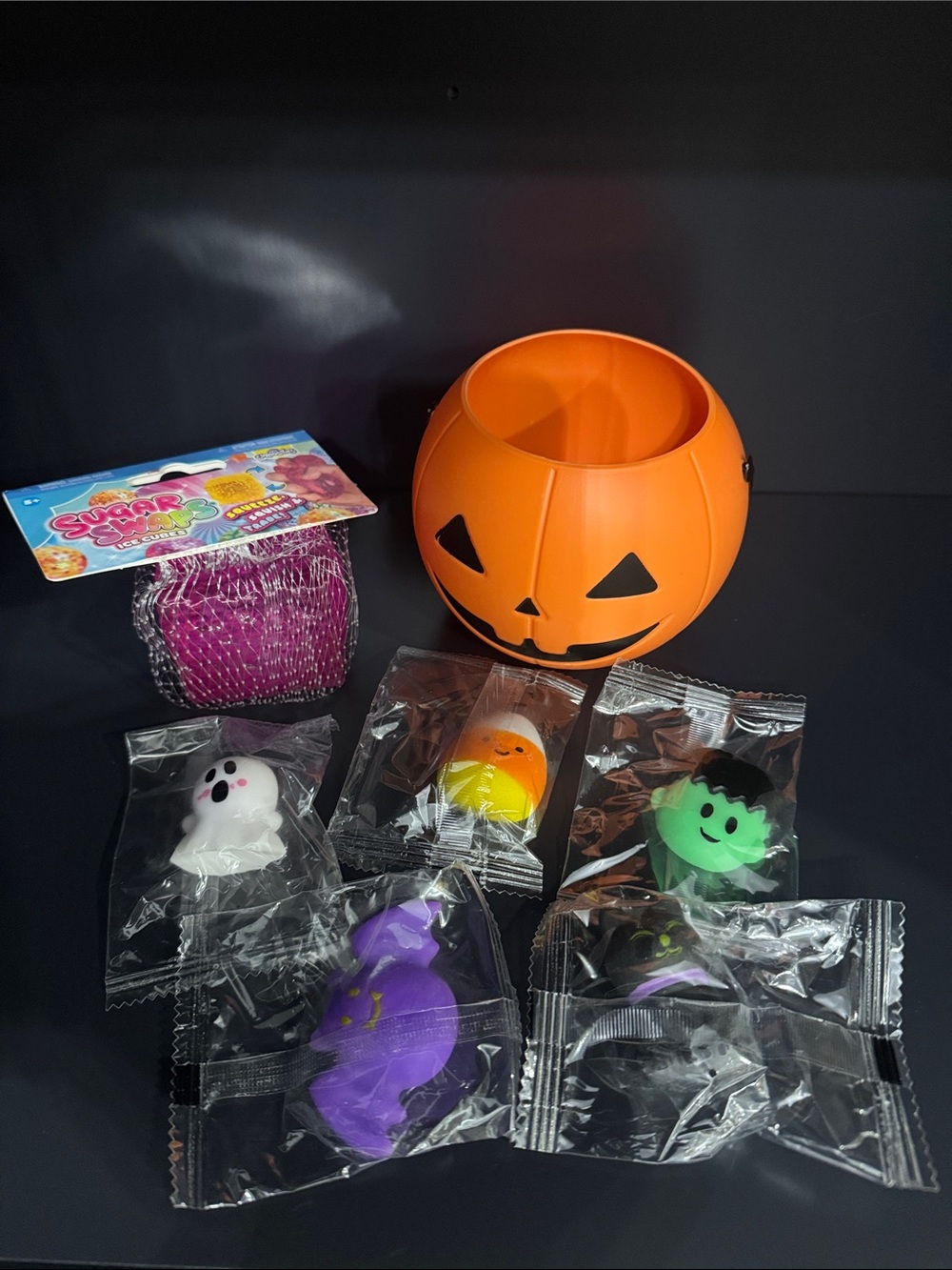 NEW Bundle Halloween Orange Jack-O'-Lantern Treat Bucket with Squishy Toys